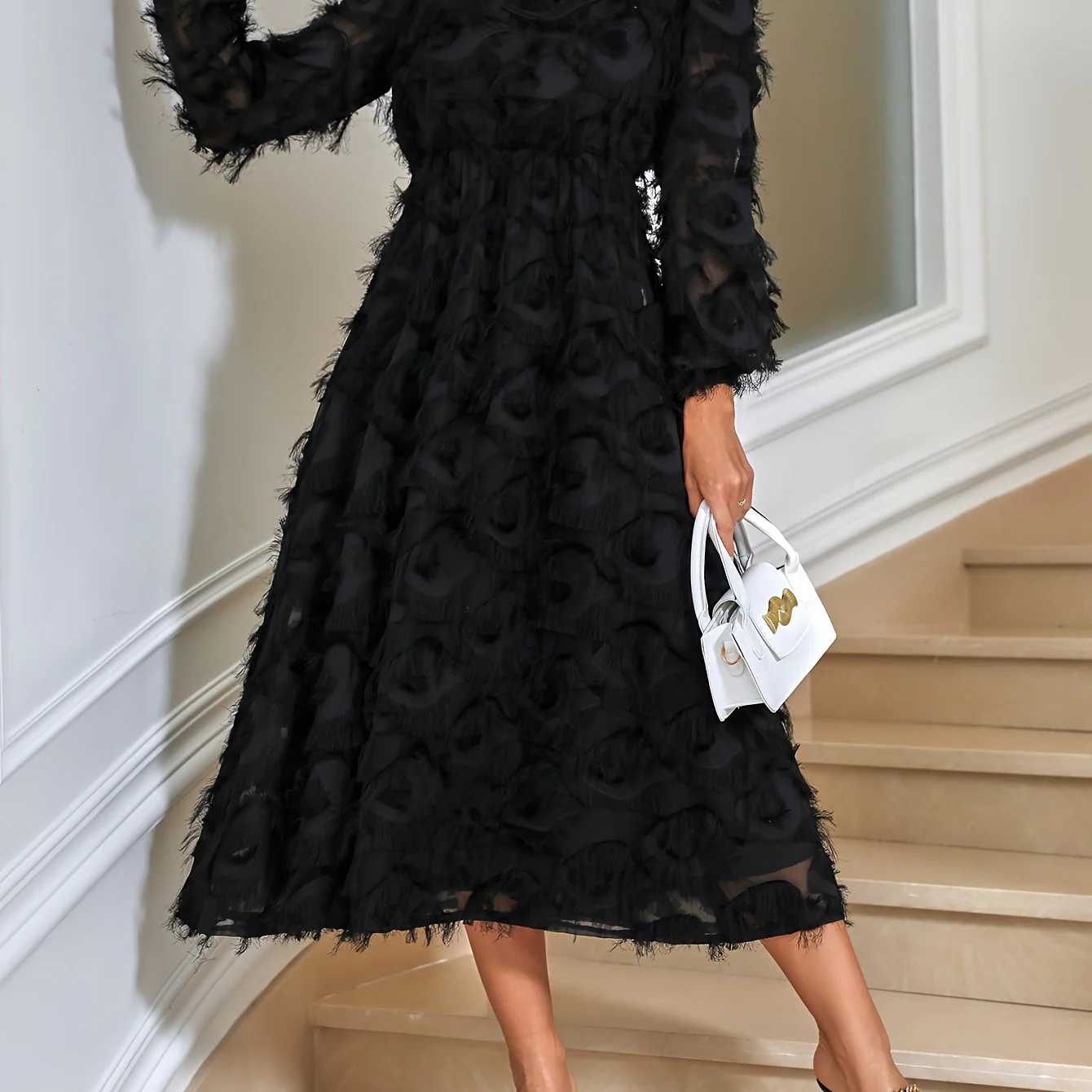 Fuzzy Solid Dress, Elegant Crew Neck Long Sleeve High Waist Dress, Women's Clothing - Deanwangkt