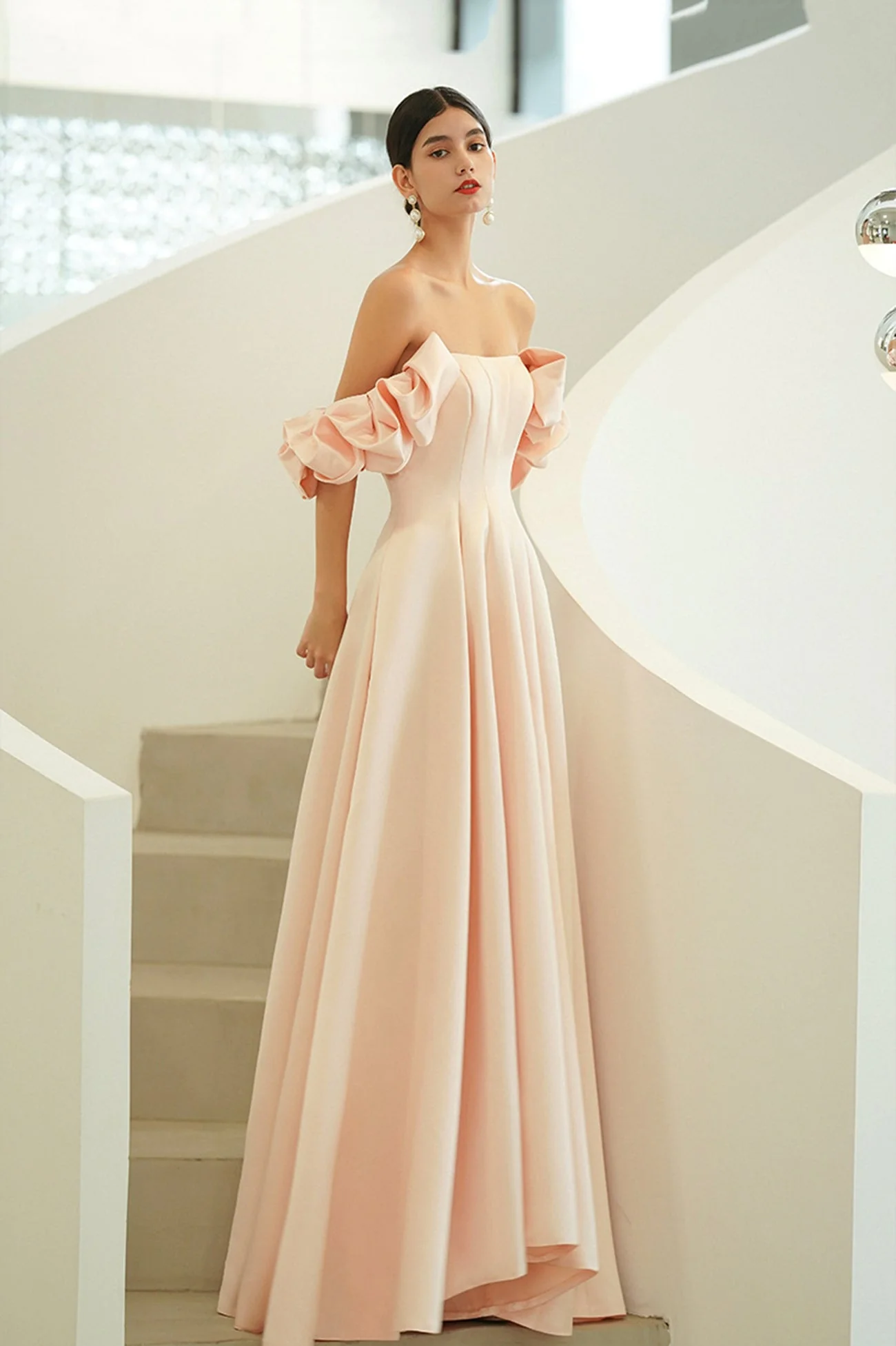 solvbao Pink Satin Long Prom Dresses, A-Line Off the Shoulder Evening Party Dresses - Deanwangkt