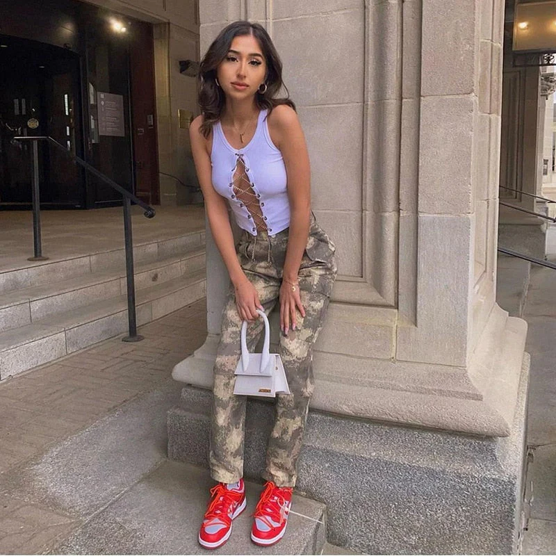 deanwangkt Fashion Sleeveless Lace Up Chain White Crop Tops for Women Club Party Backless Knitted Sexy Top Cropped Streetwear - Deanwangkt