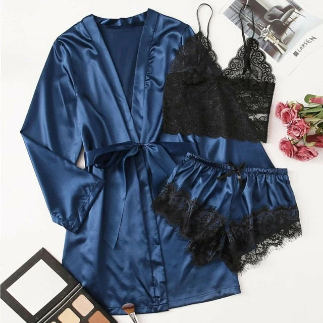 deanwangkt Long sleeve Womens Pajamas Sexy Lace Lingerie Nightwear Underwear Sleepwear 3PC Suit Pajama Sets For Women Pijama Mujer - Deanwangkt