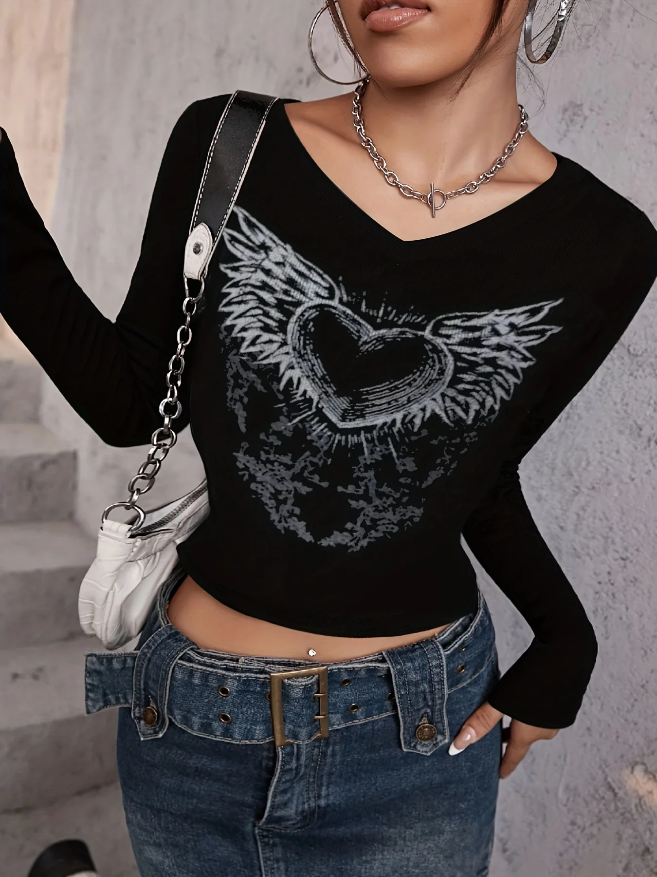 deanwangkt-1 Y2K Graphic V Neck Crop T-Shirt, Long Sleeve Skinny T-Shirt For Spring & Fall, Women's Clothing - Deanwangkt