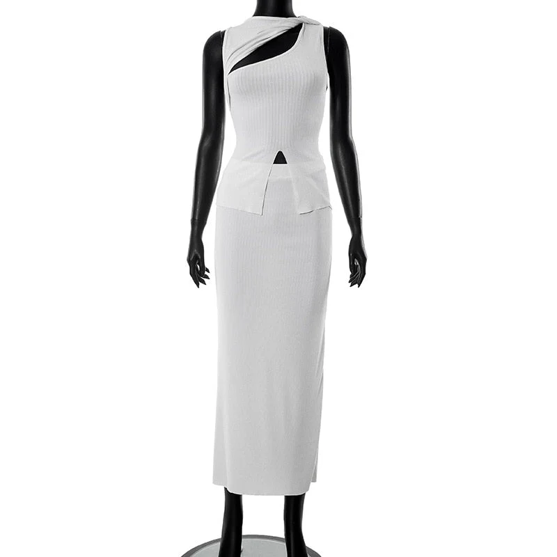 BACK TO COLLEGE  Fashion Women Hollow Out Sleeveless Tank Tops and Long Skirts Two Pieces Summer Set Streetwear Female Casual Office Dresses Sets - Deanwangkt