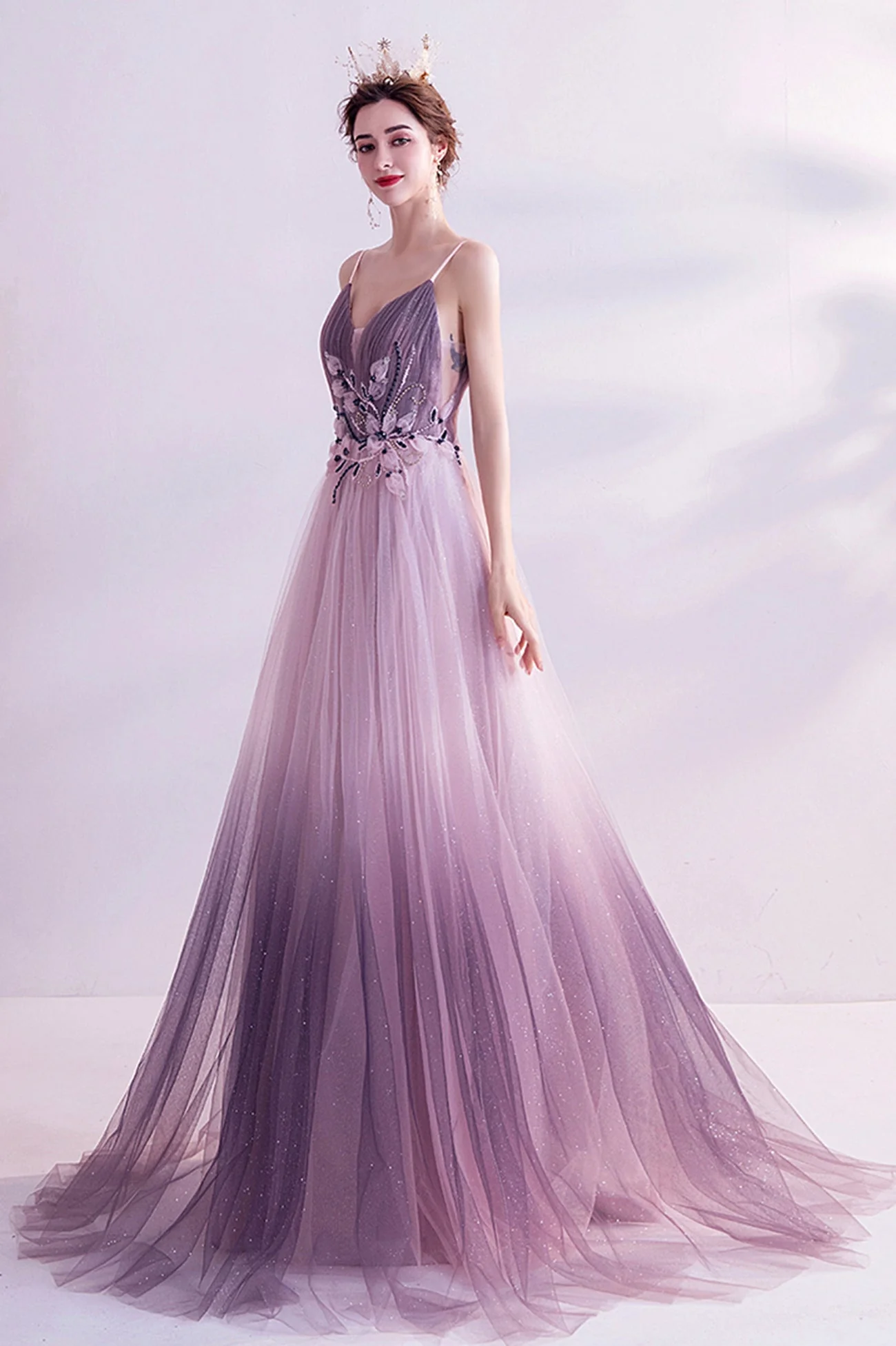 solvbao Purple Tulle Sequins Long Prom Dresses, A-Line Evening Dresses - Deanwangkt
