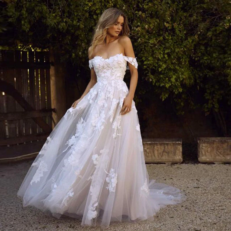 Lace Beach Wedding Dresses  Off the Shoulder Appliques A Line Boho Bride Dress Princess Wedding Gown Robe De Mariee - Deanwangkt