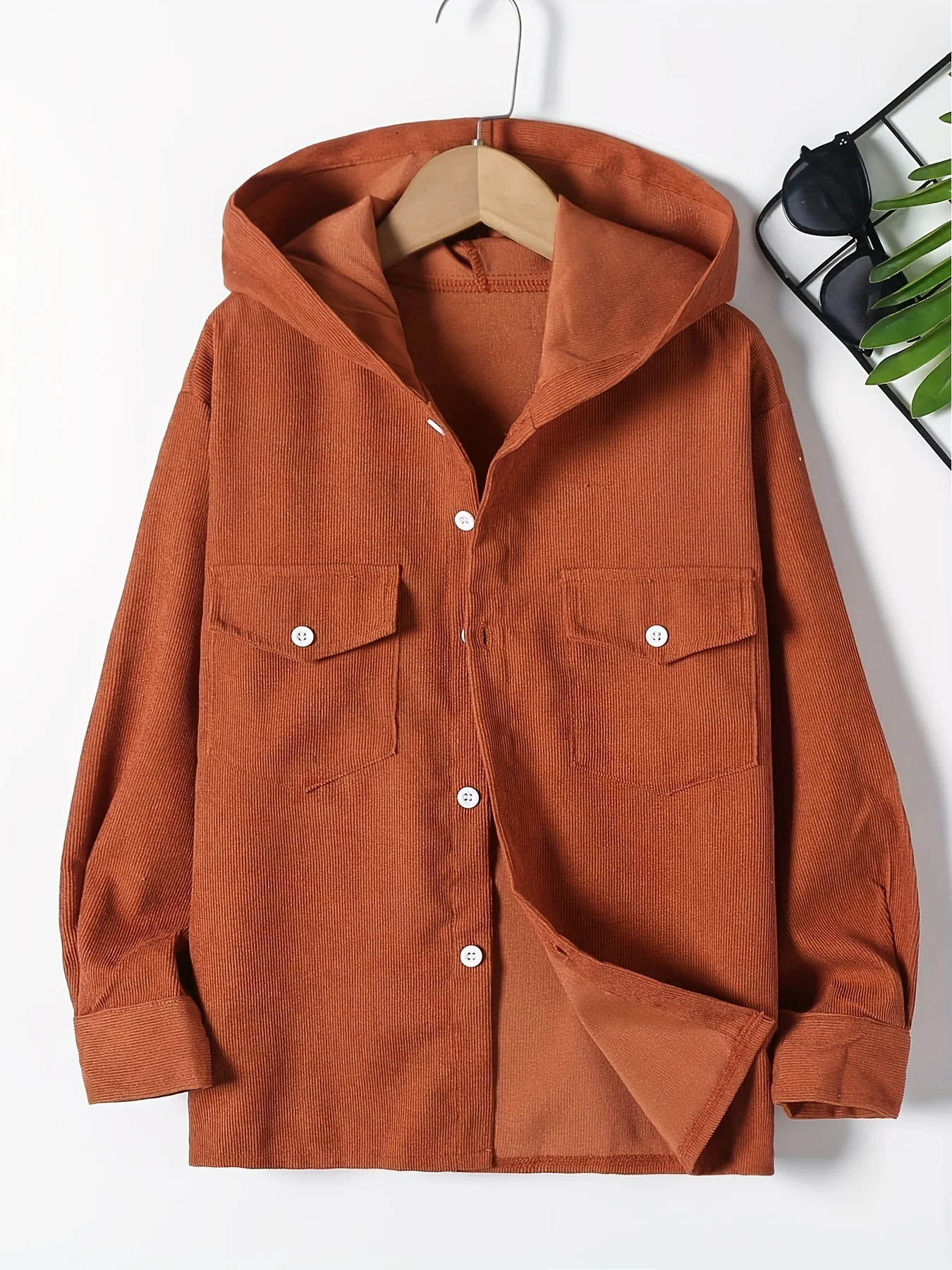 Kids Boys Solid Corduroy Hooded Shirts Long Sleeve Button Down Tops Spring Fall Outwear Shirts Jacket Clothes - Deanwangkt