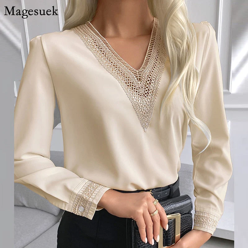 Graduation Gifts   Autumn Lace Crochet Satin Silk Chiffon Shirt Women Long Sleeve Woman Blouses Tops V Neck Solid Embroidery Shirts Blusas 15777 - Deanwangkt