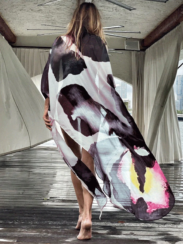 deanwangkt Sunforyou Chiffon Beach Cover up Print Tiger Striped Kaftan Tunic Swimsuit Cover up Plus Size Pareo Pants Beach Kimono Beachwear - Deanwangkt