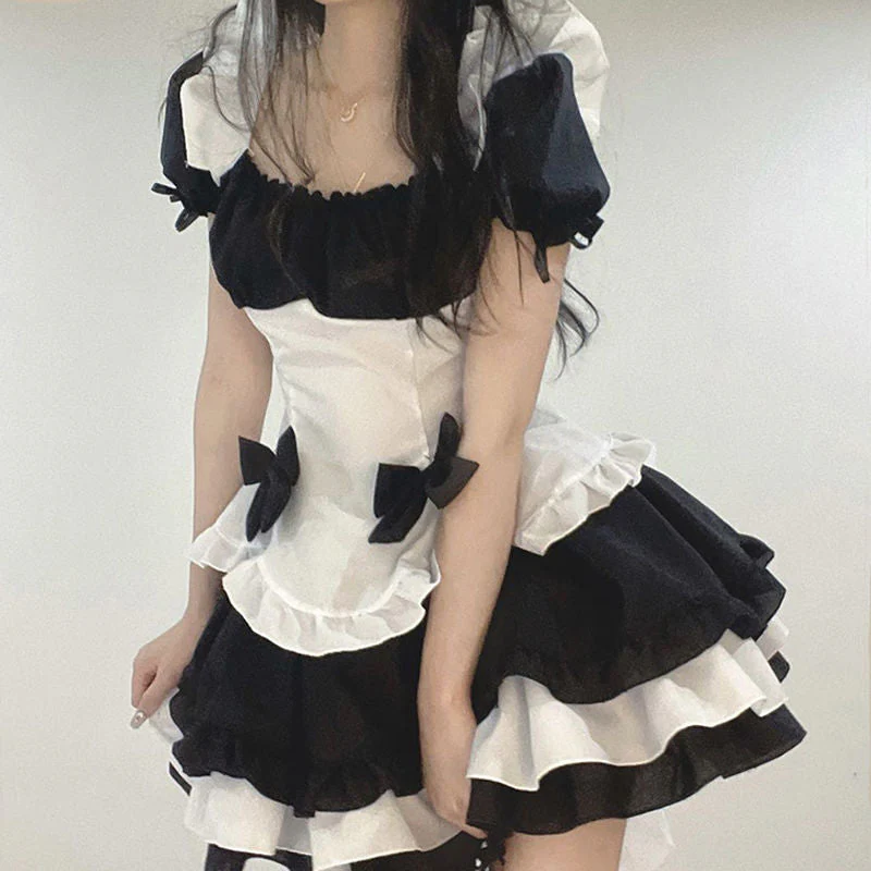 deanwangkt Lolita Dress Black White Kawaii Maid Mini Dresses Summer French Cute Bowknot Cosplay Costume Waitress Party Outfits - Deanwangkt