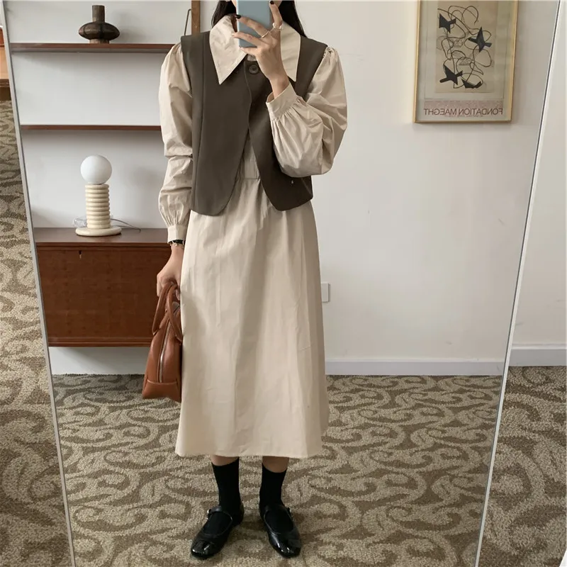 Joskka  New Vintage High Waist Korean Fashion Oversized Elegant Lady 2 Pieces Vest Women Autumn Winter Pink Shirt Dresses - Deanwangkt