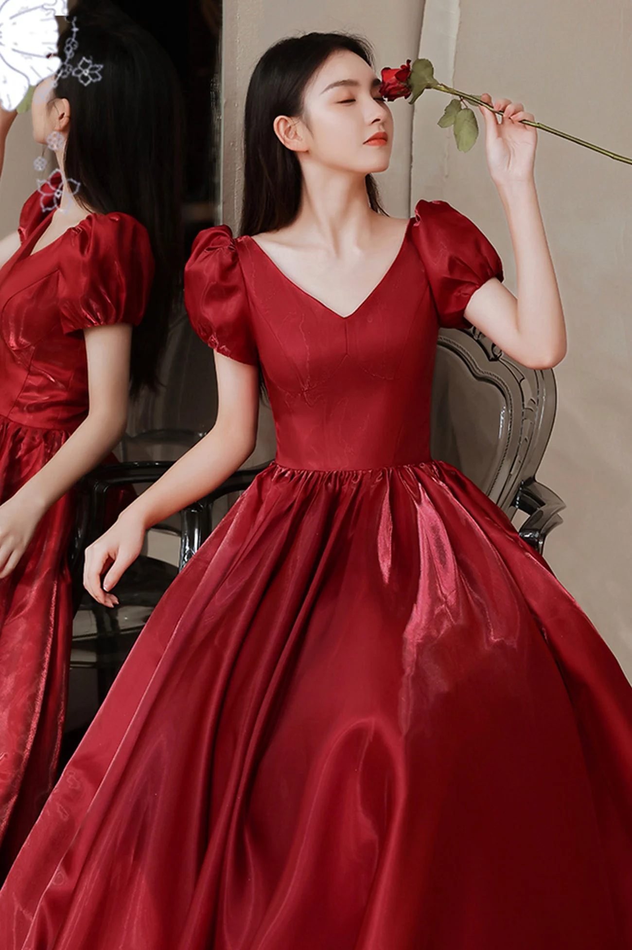 solvbao Red V-Neck Satin Long Prom Dress, A-Line Evening Dress - Deanwangkt