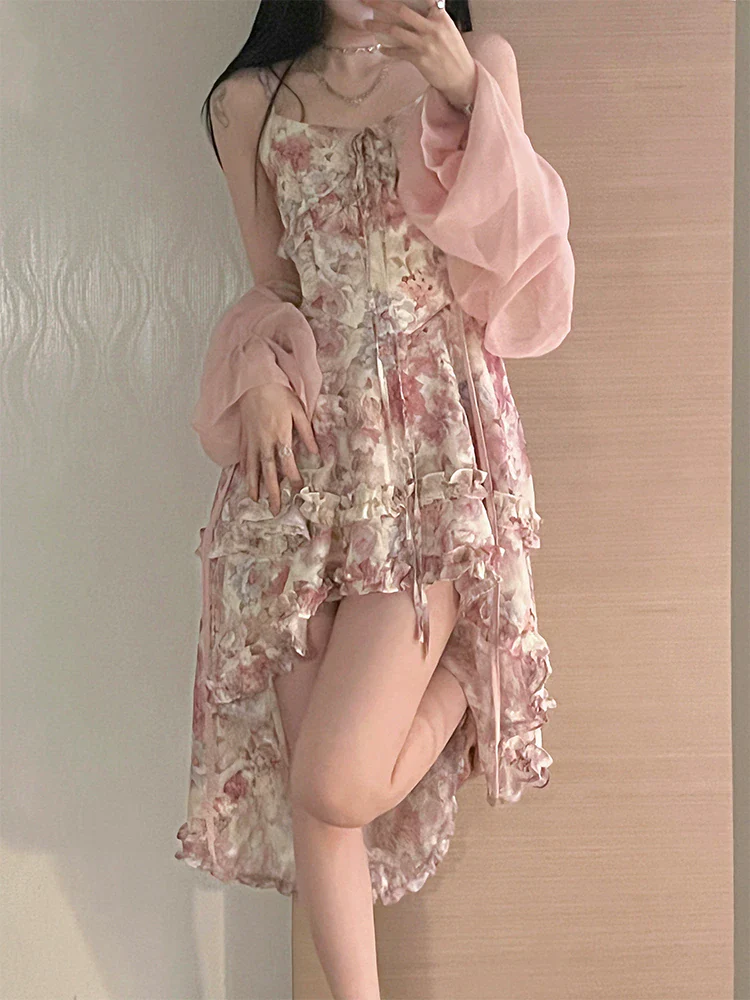 deanwangkt Piece Dress Set Women Boho Beach Sundress Office Lady Slim Elegant Floral Strap Dress Koran Fashion Suits + Blouse  Summer - Deanwangkt