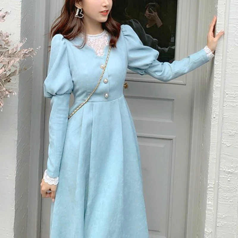 Joskka Spring Fall French Patchwork Dress Women Elegant Blue Lace Dress Female Puff Sleeve Kawaii Korean One-piece Dress - Deanwangkt