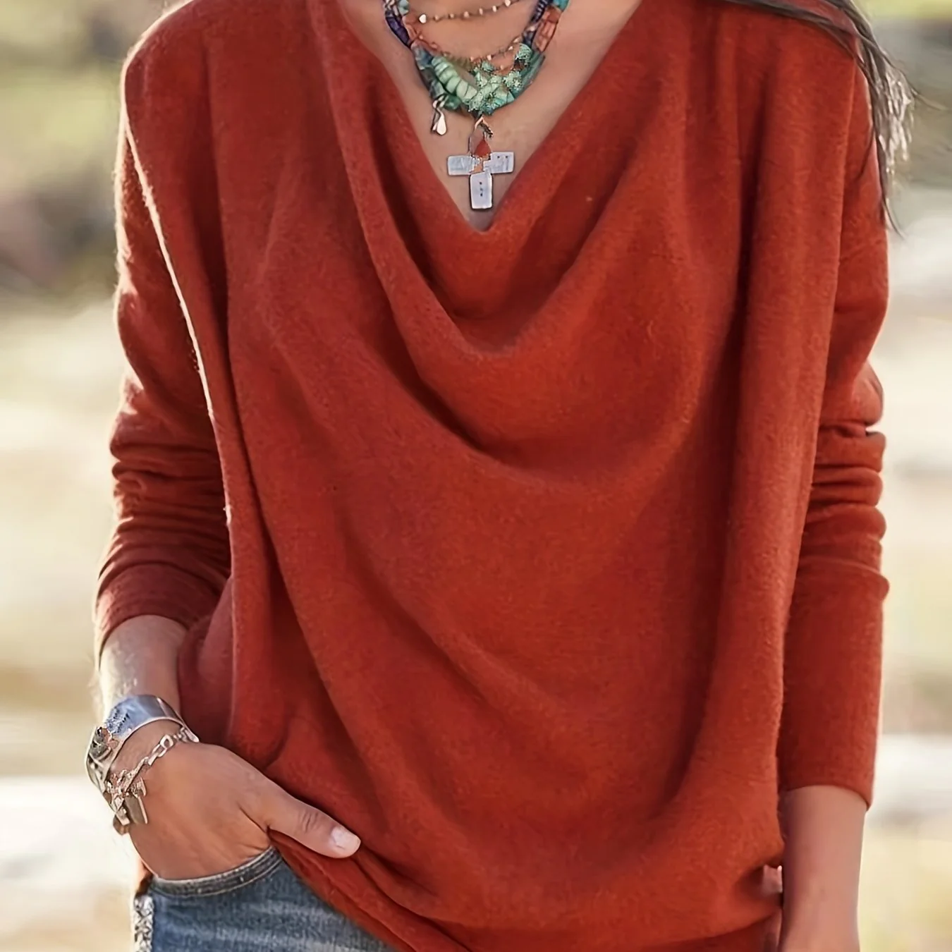 deanwangkt-1 Solid Draped T-shirt, Casual Long Sleeve Simple T-shirt, Women's Clothing - Deanwangkt