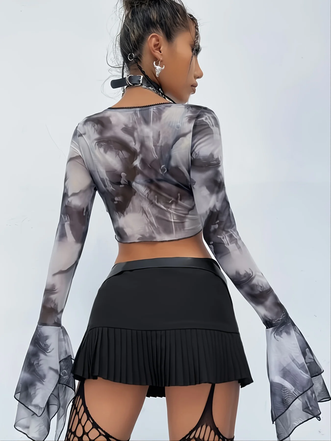 deanwangkt-1 Y2K Mesh Flared Sleeve Crop Top, Sexy Long Sleeve Crew Neck Top, Women's Clothing - Deanwangkt