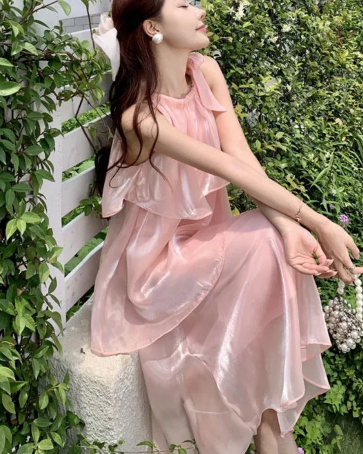 deanwangkt Elegant Sweet Sleeveless Dress Women Layered Ruffles High Waist Beach Holiday Dresses Casual Fashion Princess Sundress - Deanwangkt