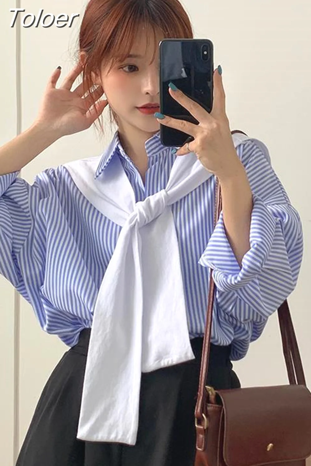 deanwangkt Blouses Shirts Women Blue Striped Elegant Loose Large Size Chic Fashion Scarf Collar New Leisure Womens Shirt Oversized - Deanwangkt