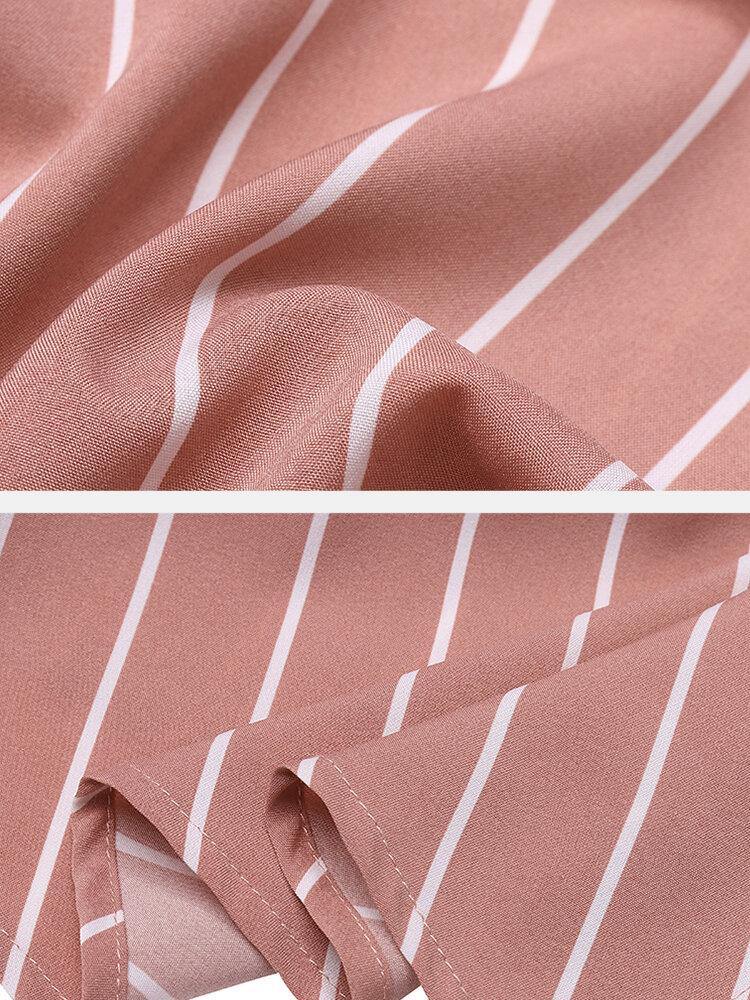 deanwangkt Women Striped Irregular Wrap Tie Side Stylish Long Sleeve Midi Dresses - Deanwangkt