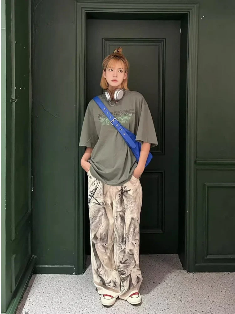 deanwangkt Original Speckler Artist Ink Graffiti Straight Tube Women's Jeans Loose Straight Tube Wide Leg Pants Casual Pants - Deanwangkt