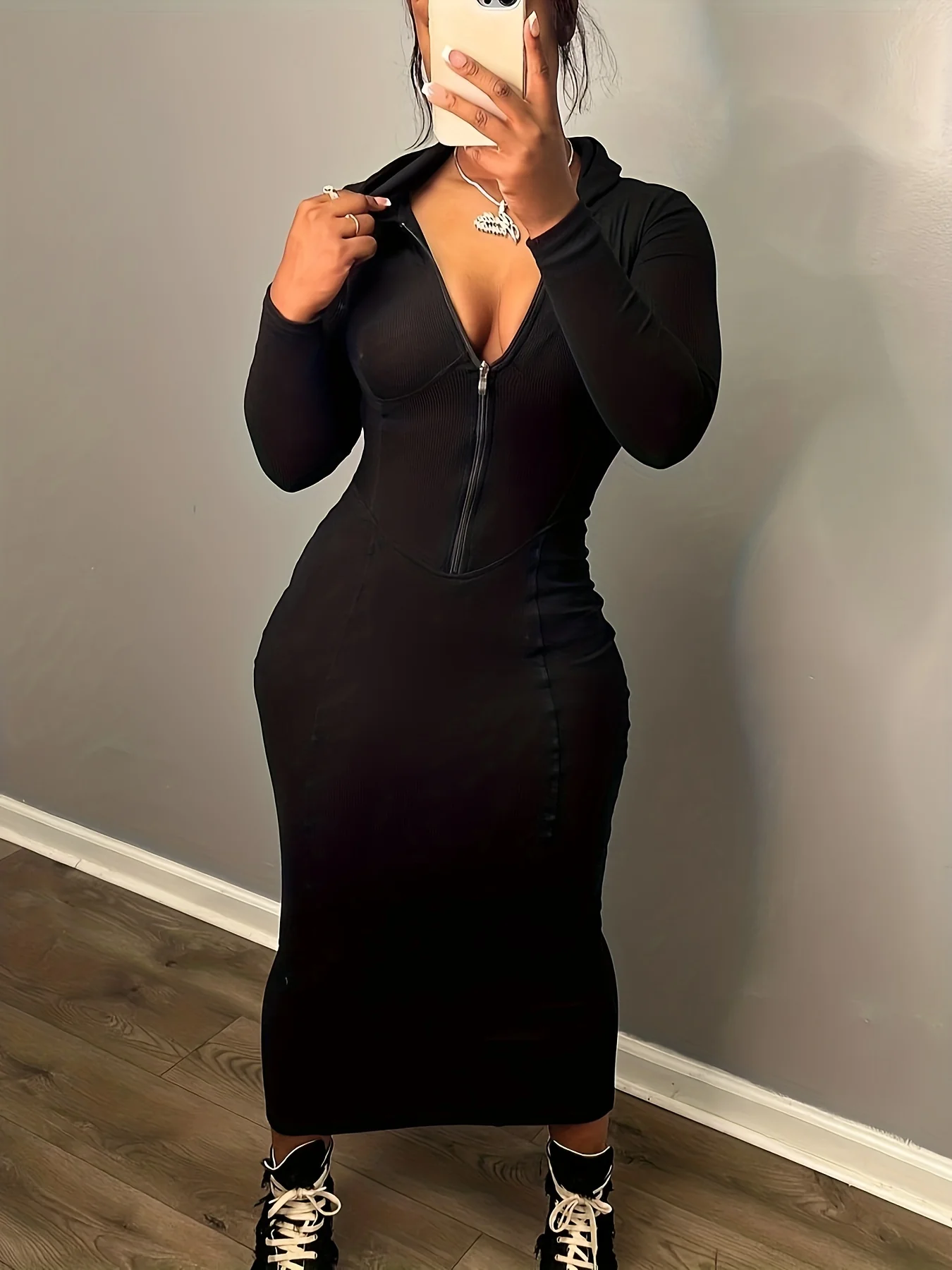 deanwangkt-1  Zip Front Bodycon Hooded Dress, Casual Long Sleeve Ankle Length Dress For Spring & Fall, Women's Clothing - Deanwangkt