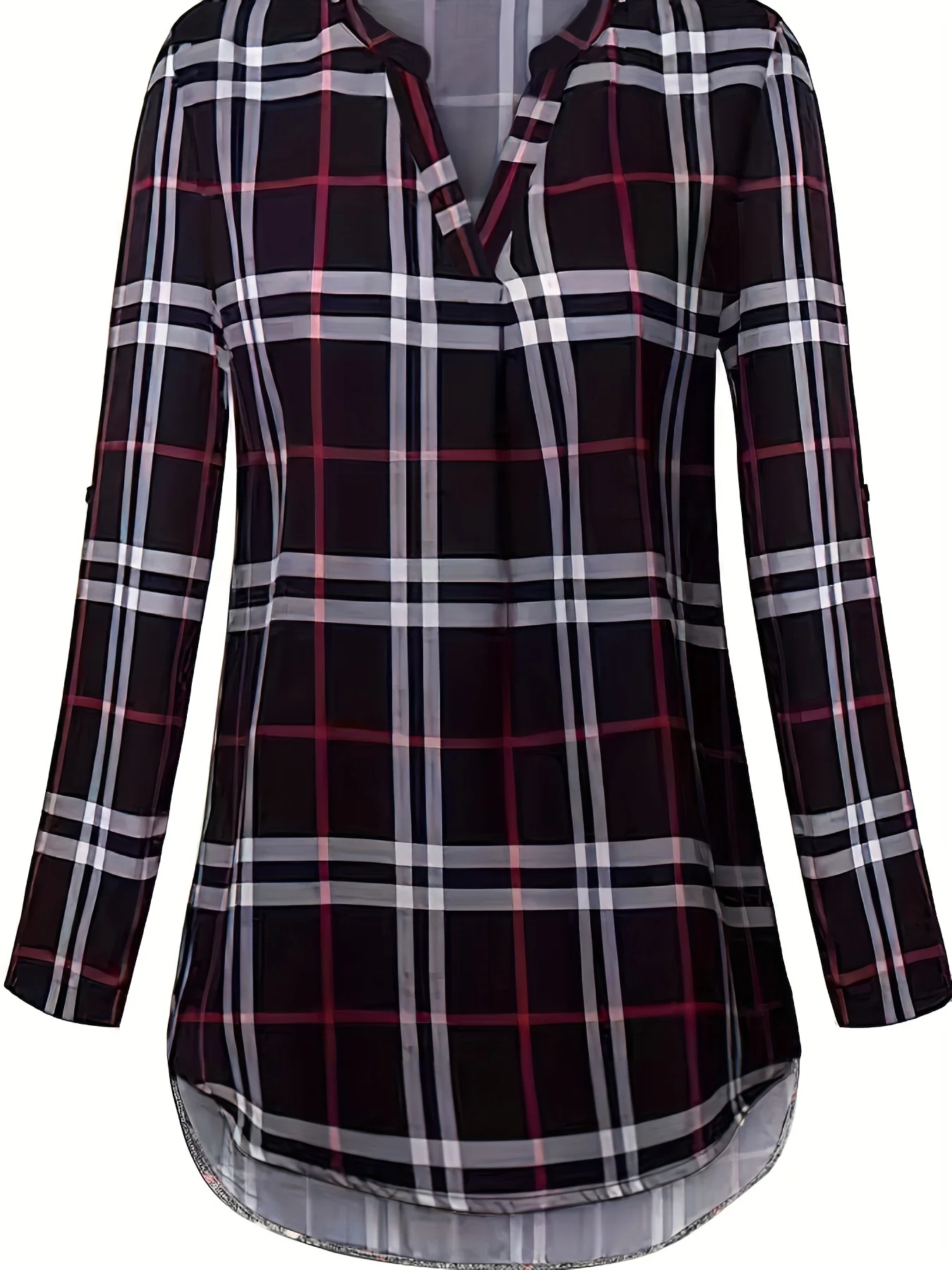 Plaid Print Notch Neck Blouse, Casual Long Sleeve Blouse For Spring & Fall, Women's Clothing - Deanwangkt