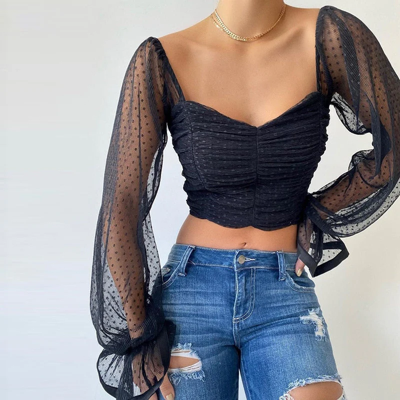 Wenkouban Sexy Polka Dots Crop Tops Women Low Cut Backless See Through Short Chiffon Mesh T Shirt Female Club Party Elegant Tees - Deanwangkt
