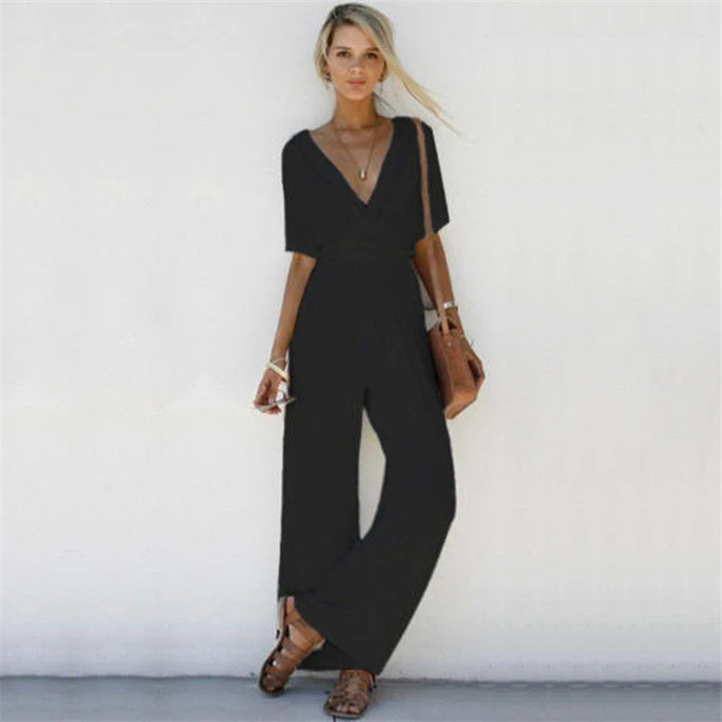 Women  Summer Loose Short Sleeve Casual Jumpsuit Ladies Elegant V-Neck Fashion Clubwear Wide Leg Slim Pants Trousers - Deanwangkt