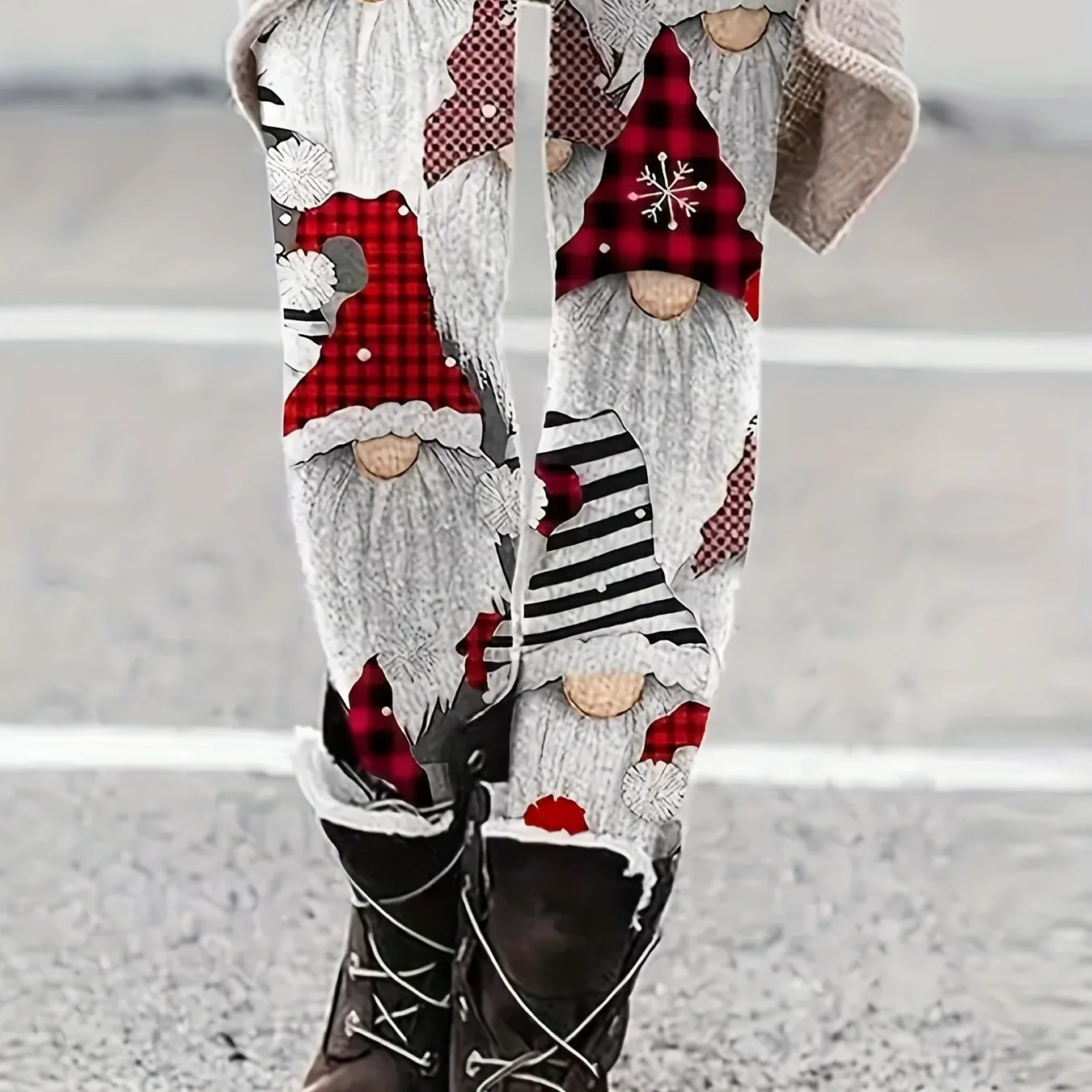 Plus Size Christmas Pants, Women's Plus Allover Print High Rise Medium Stretch Skinny Trousers - Deanwangkt