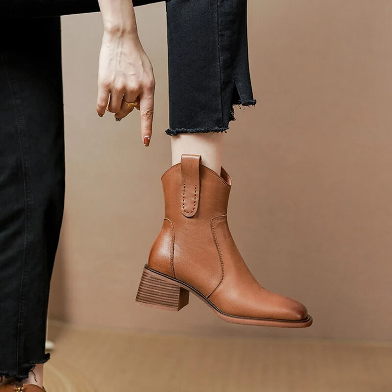 deanwangkt  fashion inspo   Autumn Women Boots Square Toe Chunky Heel Boots for Women Genuine leather Shoes Women Retro Black Ankle Boots Winter Shoes Women - Deanwangkt