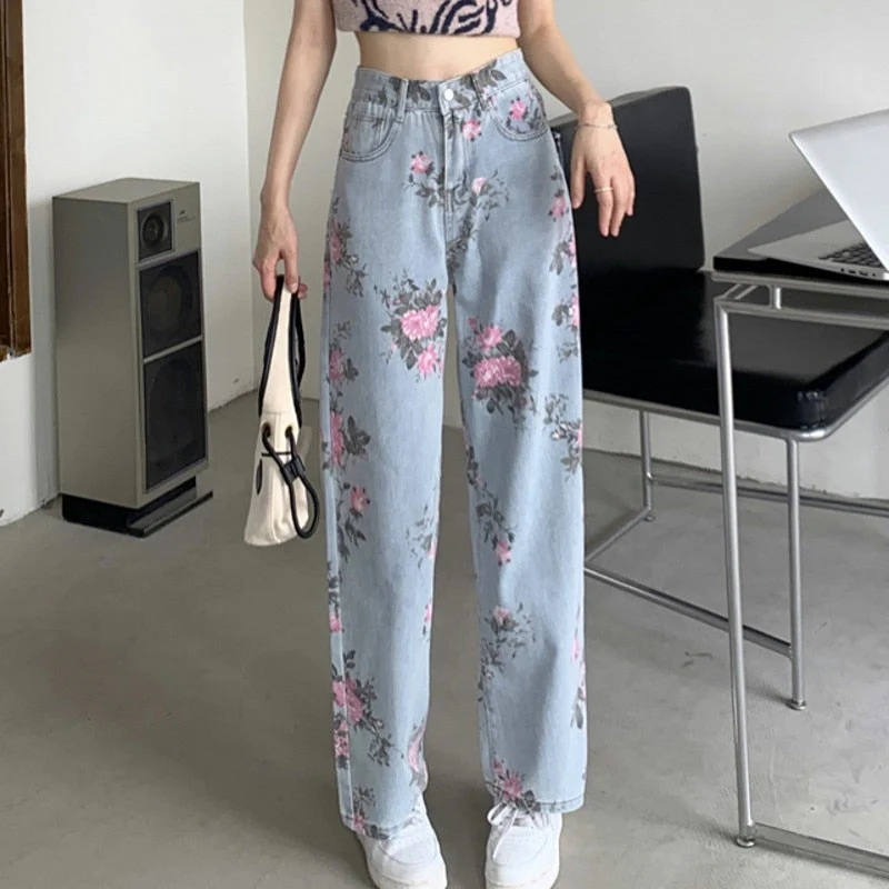 DEANWANGKT  Spring Fashion Women Rose Print Jeans Women Design Loose High Waist Straight Wide Leg Pants - Deanwangkt