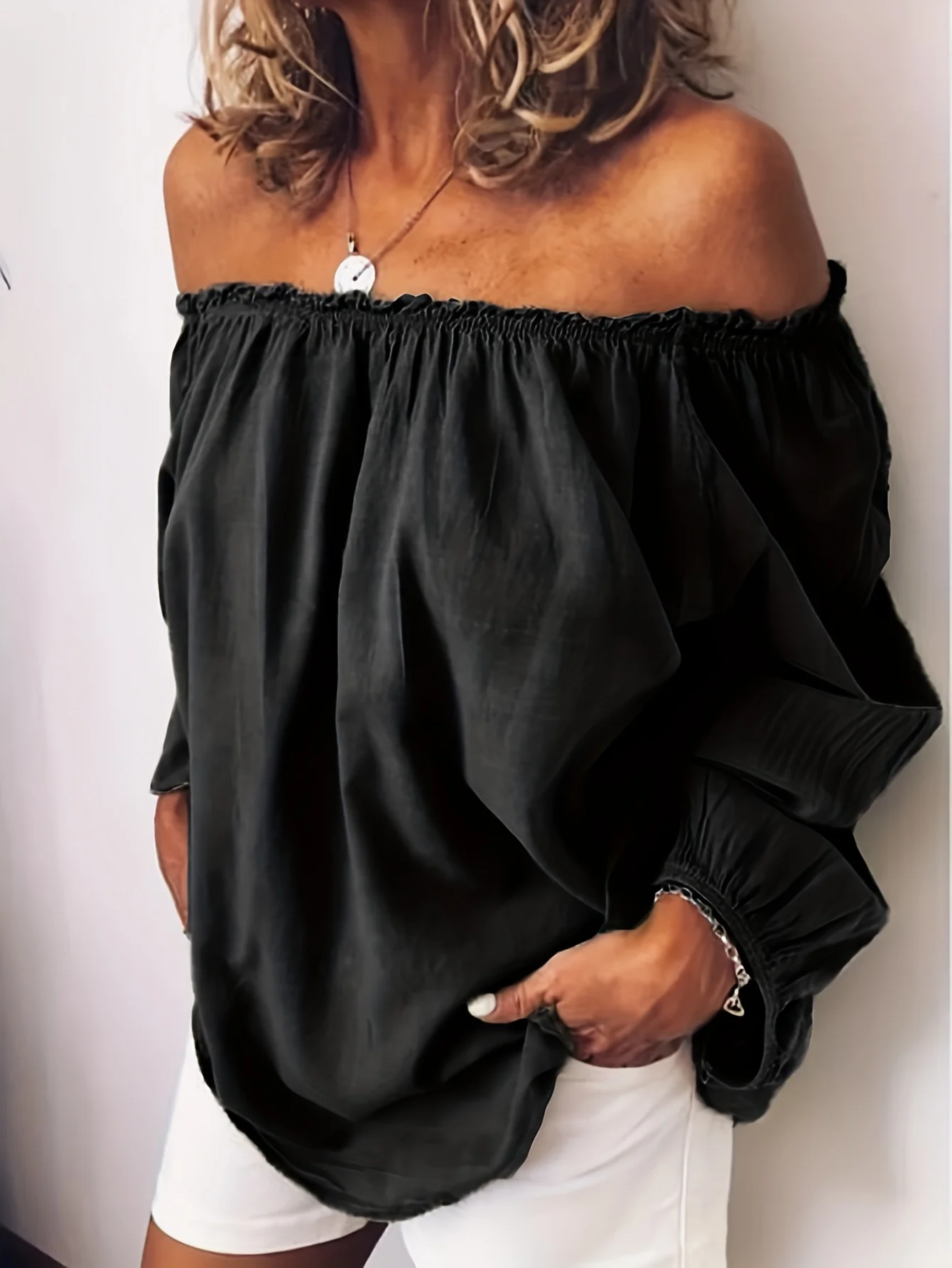 Solid Ruffle Trim Blouse, Casual Loose Long Sleeve Blouse For Spring & Fall, Women's Clothing - Deanwangkt