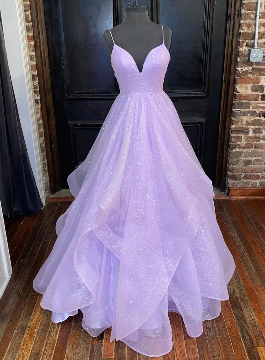Solvbao A-line Lavender Shiny Tulle Prom Dress, Long Spaghetti Strap Evening Dresses - Deanwangkt