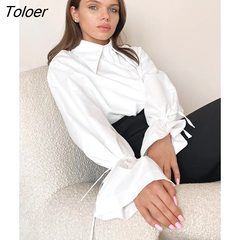 deanwangkt Office Lady White Women Blouse Elegant Turn-Down Collar Long Sleeve Lace Up Shirt Female Loose  Spring Casual Korean - Deanwangkt