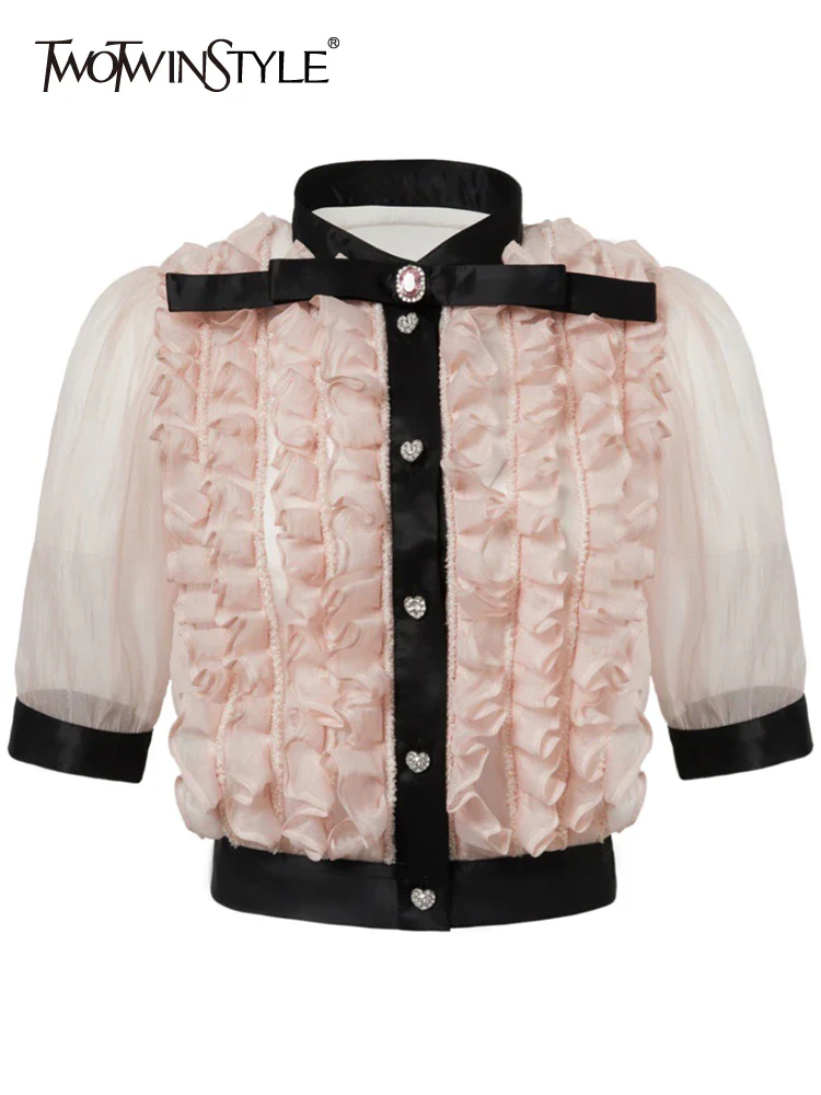 deanwangkt Patchwork Bowknot Ruched Shirt For Women Stand Collar Puff Sleeve Summer Blouses Female Fashion Clothing Style New - Deanwangkt