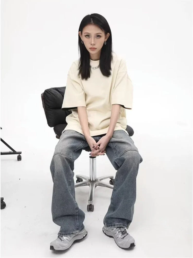 deanwangkt High Street Fashion Brand Made Old Wash Zipper Pocket Woodcut Jeans Vintage Loose Straight Leg Pants Women's Jeans - Deanwangkt