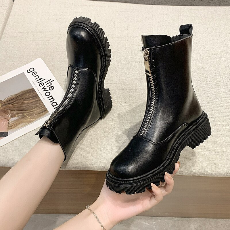 DEANWANGKT Christmas Gift New Front Zipper Chunky Platform Women's Boots Solid Black Beige Boots Women Round Toe High Heel Ankle Boots for Women Eu 35-40 - Deanwangkt