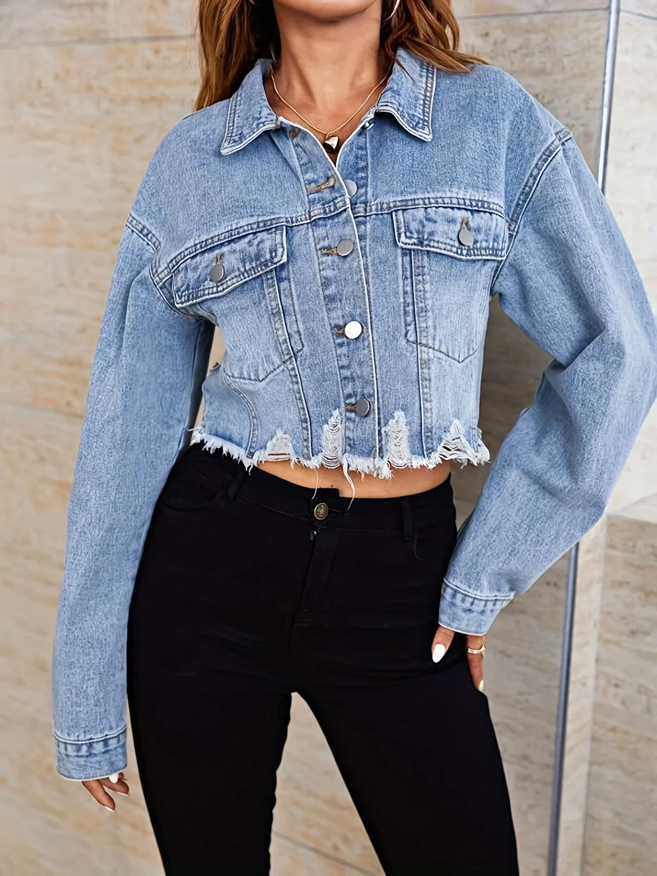 deanwangkt-1  Blue Ripped Holes Washed Denim Jackets, Long Sleeves Frayed Hem Lapel Denim Coats, Women's Denim Clothing - Deanwangkt