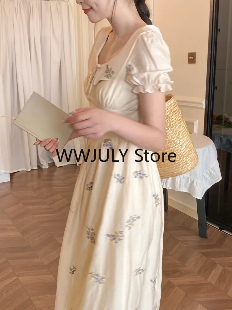 Joskka  Summer French Elegant Floral Midi Dress Women Short Sleeve Casual Vintage Dress Beach Chiffon Korean Fashion Dress Casual - Deanwangkt