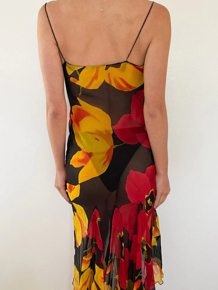 Joskka Chiffon Print Backless Women Summer Dress Spaghetti Strap See Through Dress Female Slim Vacation Outside Beachwear - Deanwangkt