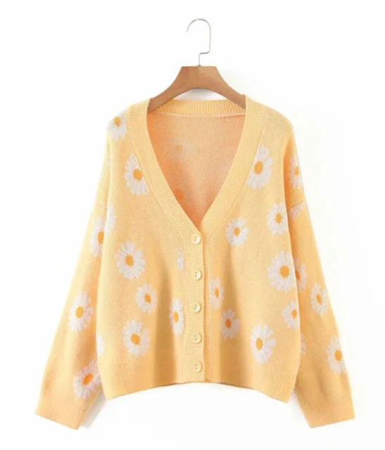 deanwangkt Sweet Button Down Sweater Cardigan Women Loose Knit Coat Autumn Spring Casual Lady Long Sleeve V Neck Floral Outerwear Sweater - Deanwangkt