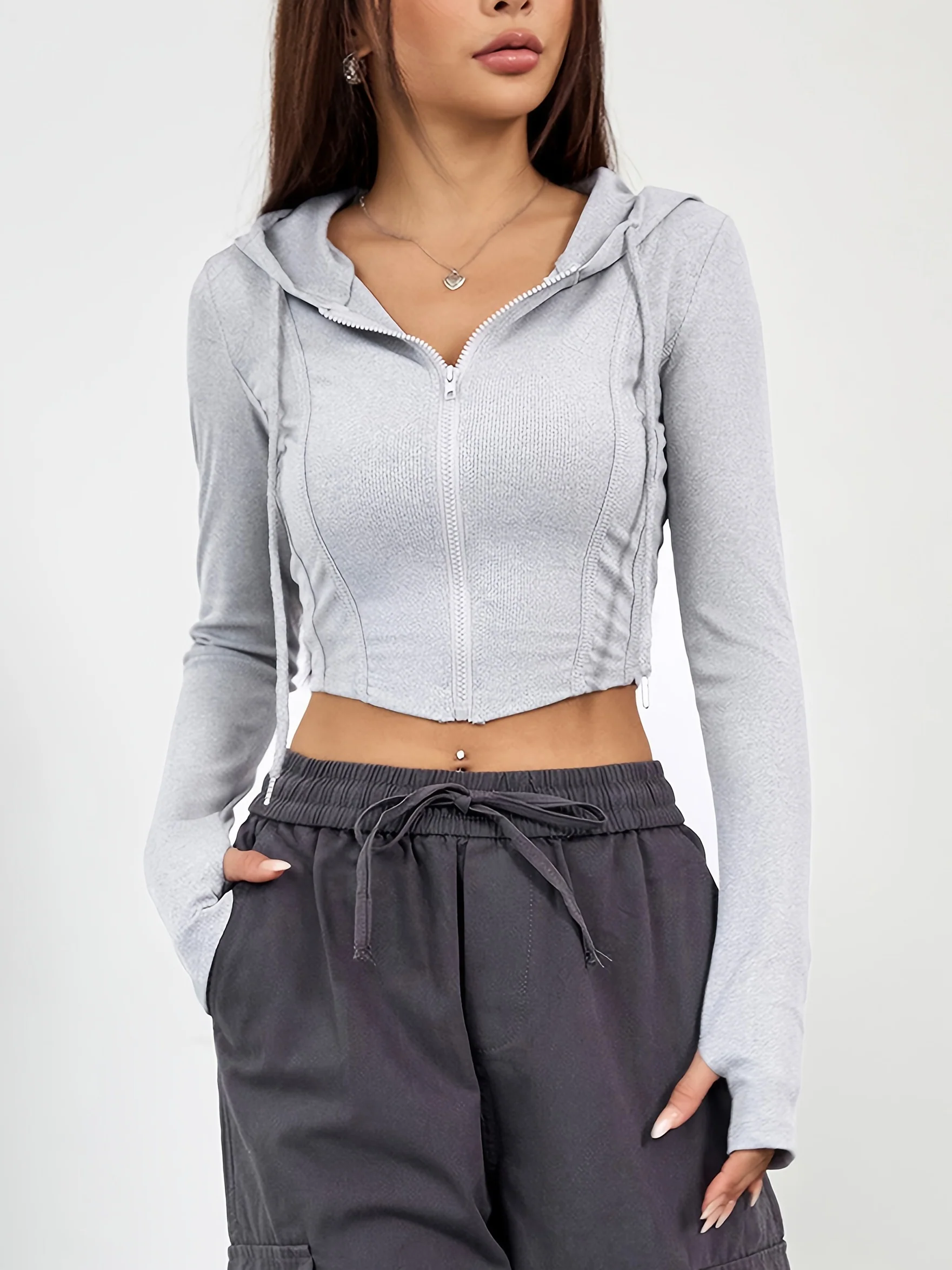 deanwangkt-1  Casual Versatile Slim Fit Zipper Hooded Jacket,Drawstring Long Sleeve Yoga Crop Coat, Women's Tops - Deanwangkt