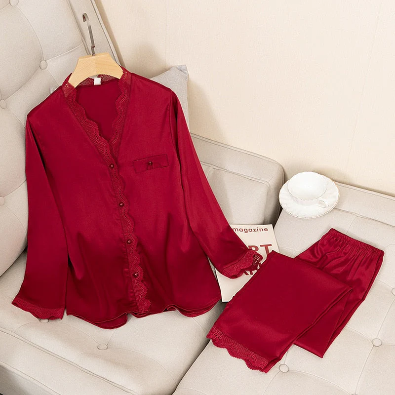 deanwangkt Casual Pajamas Set Satin Sexy Women 2 Piece Sleepwear Silky Pyjamas Loungewear Solid Nightwear Spring New Bathrobe Shirt&Pants - Deanwangkt