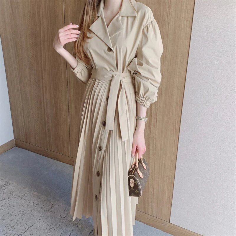 Joskka Korean Women Elegant Lapel Single Breasted Bandage Pleated Dress Vintage Long Lantern Sleeve Autumn New Hoco Dress - Deanwangkt