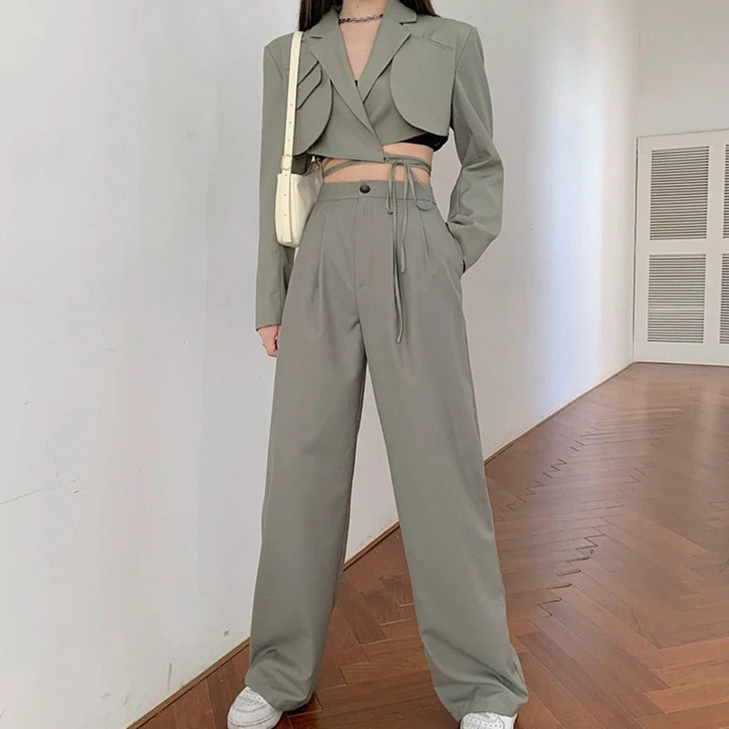 Korean summer Two Piece Set Women Crop Top Sexy Lace-up Blazer Coat + High Waist Pants Suit Sets Streetwear 2 Piece Sets Women - Deanwangkt