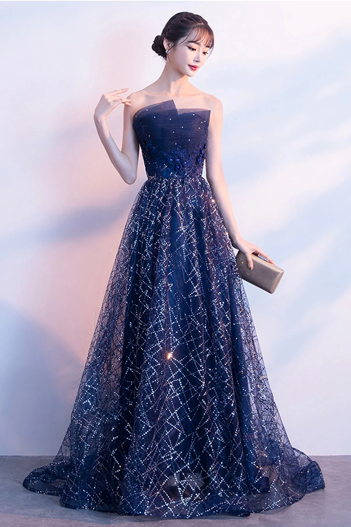 solvbao Blue Tulle Sequins Long Prom Dresses, A-Line Strapless Evening Dresses - Deanwangkt