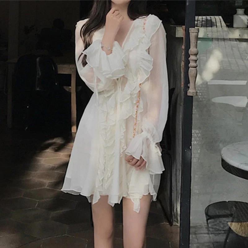 deanwangkt  Women Summer Fairy V Neck White Dress Mini Female Sweet Ruffles Casual Clothes Boho Short Chiffon Elegant Holiday Beach Dresses - Deanwangkt