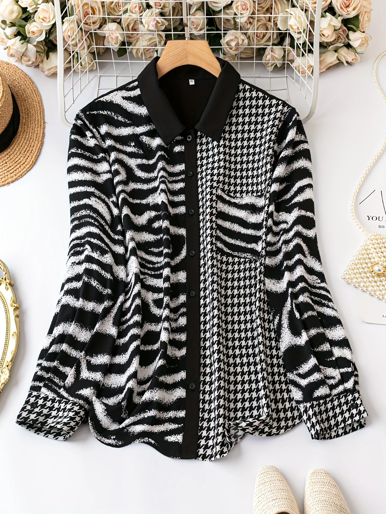 deanwangkt Plus Size Casual Blouse, Women's Plus Colorblock Stripe & Houndstooth Print Button Up Long Sleeve Turn Down Collar Blouse - Deanwangkt