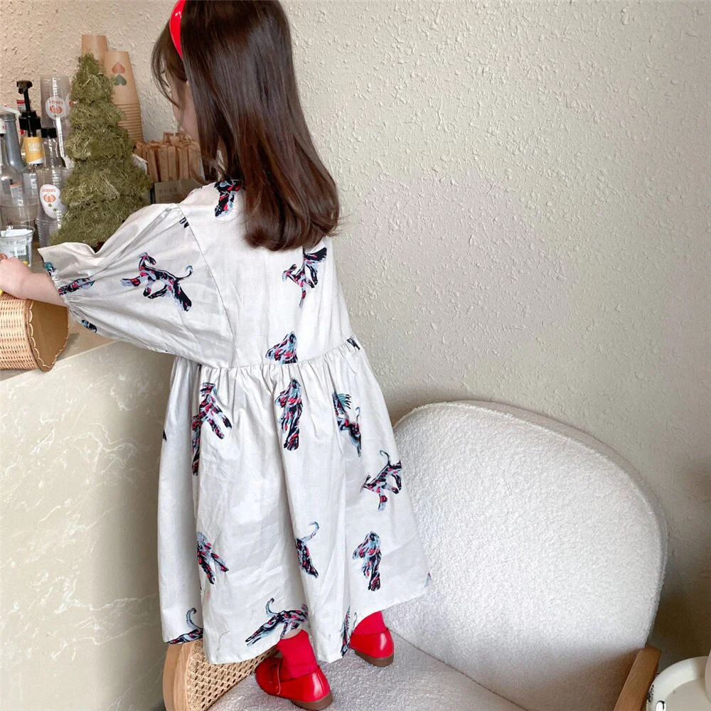 deanwangkt  Spring autumn kids colorful pony printing oversized long dress for girls cotton loose puff sleeve high quality dresses - Deanwangkt