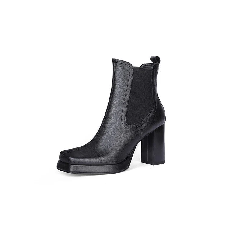 deanwangkt Autumn Boots   NEW Fall Shoes Women Split Leather Boots Square Toe Chunky Heel Shoes Solid Platform Modern Boots Eengent Super High Heel Boots - Deanwangkt