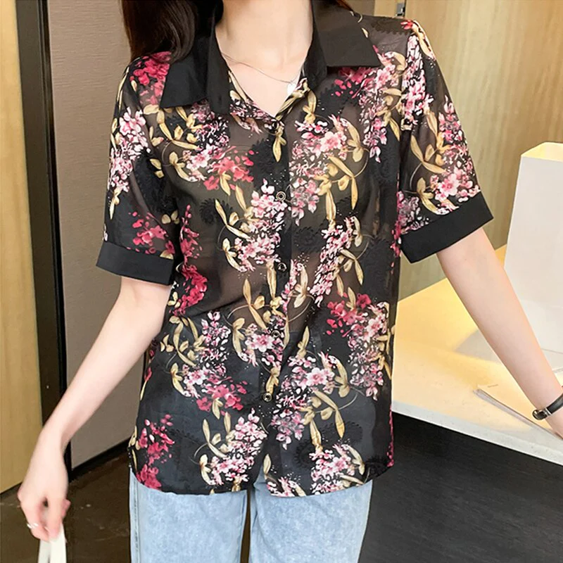 deanwangkt Summer Fashion elegant Women's chiffon Blouses printing ladies shirts short sleeve dress shirts Tops Blusas Mujer - Deanwangkt