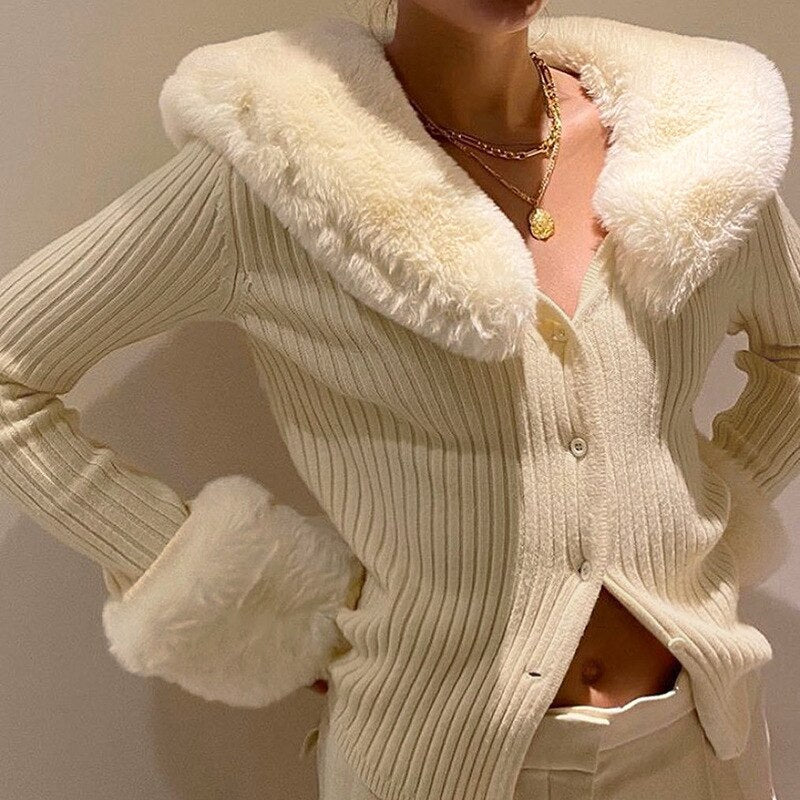 deanwangkt Fashion Fluffy Faux Fur Knitted Top Coats Women Autumn Winter Button Up Long Sleeve Warm Overcoats Casual High Street Jackets - Deanwangkt